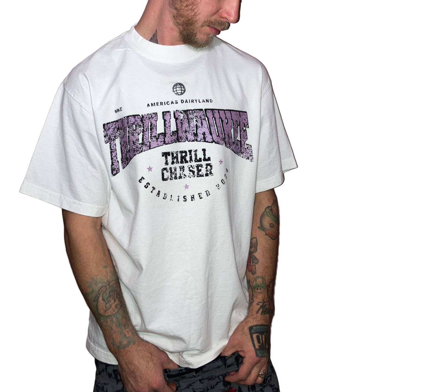 THRILLWAUKEE, White Tee (Lavender Graphic)