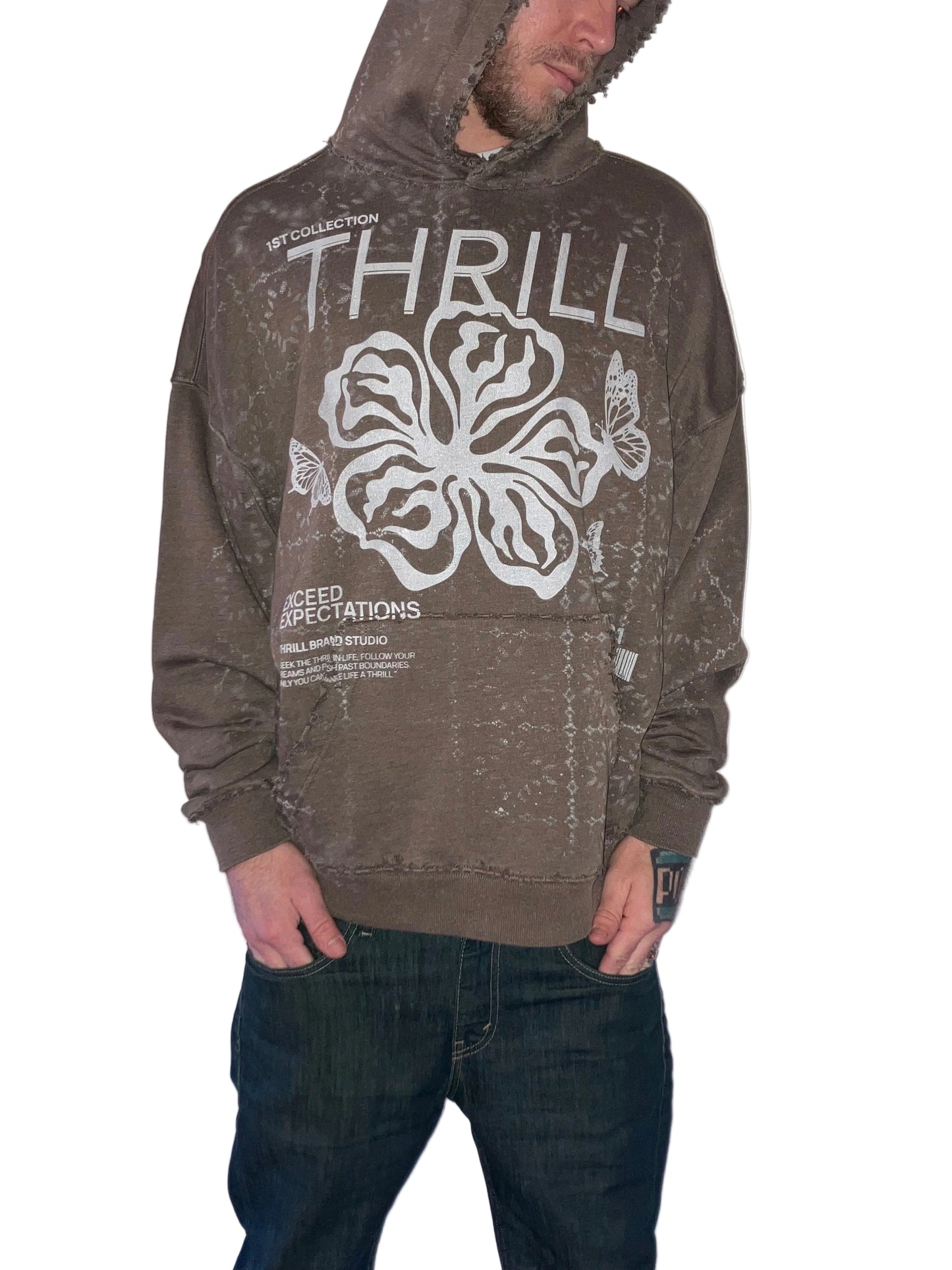 Thrill Exceed Expectations, Vintage Style Hoodie, Washed Brown *1of1