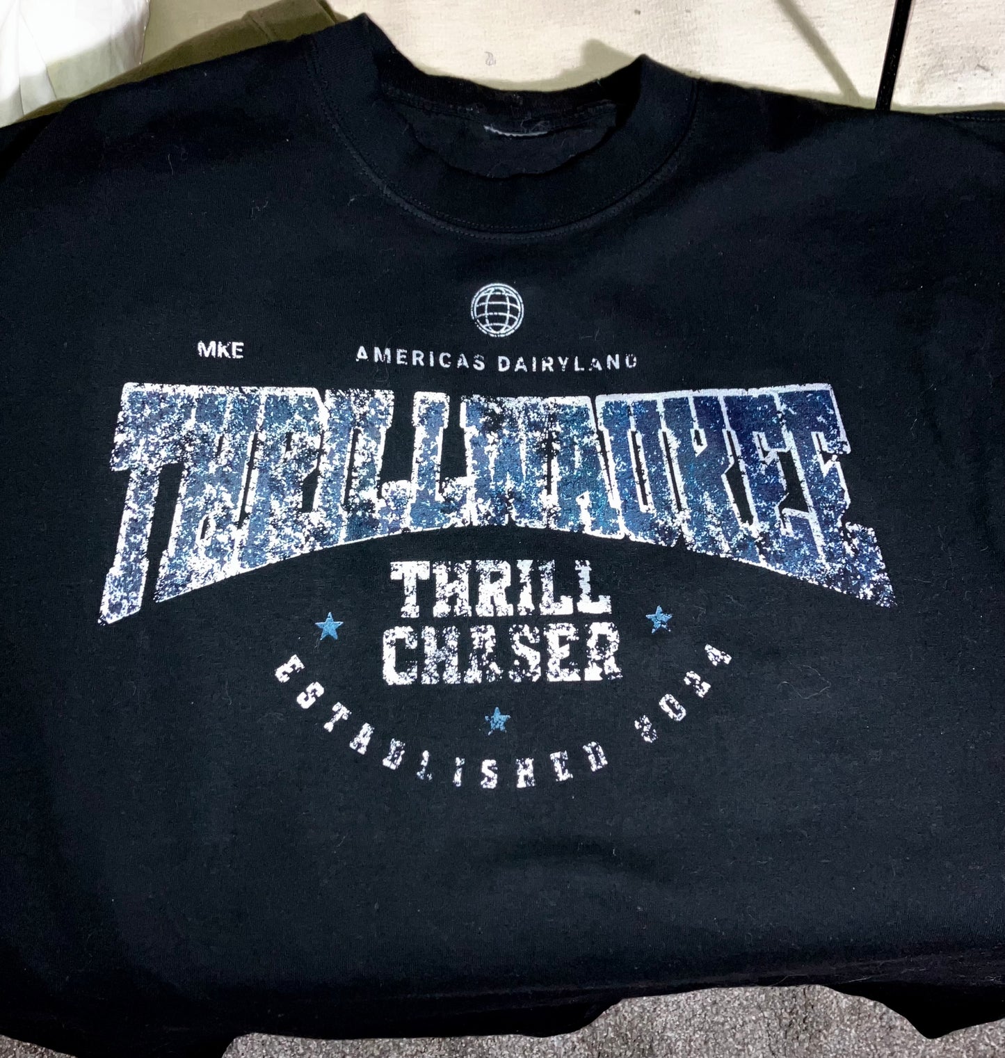THRILLWAUKEE, Black Tee (Navy Blue Graphic)